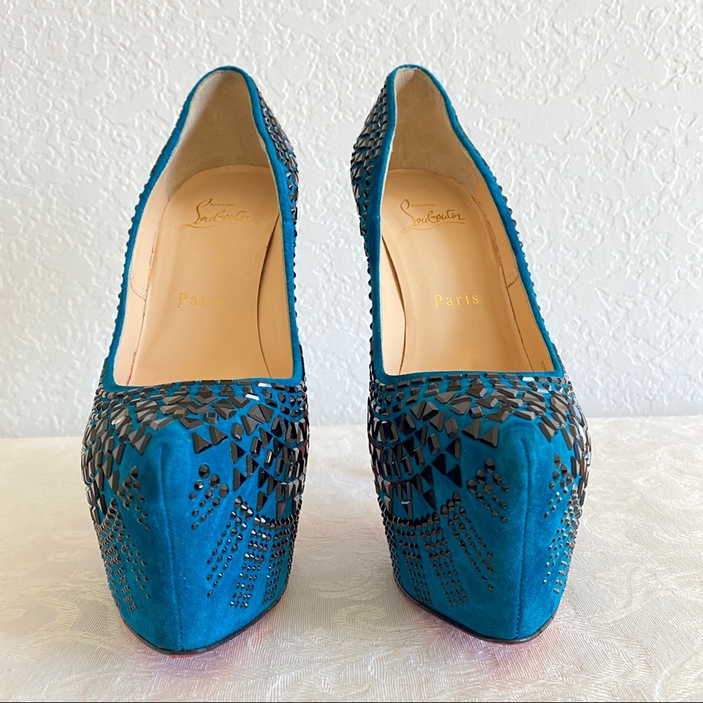 CHRISTIAN LOUBOUTIN Blue 
Decora Strass Suede platform Pumps - Picture 6 of 15